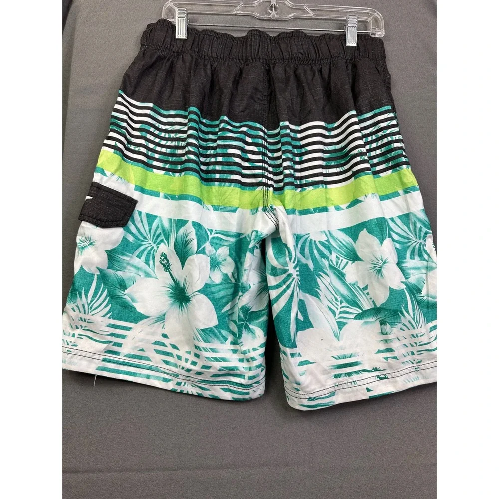 Speedo Men Tropical Floral Striped Board Shorts Teal Green Black Swim‎ Trunks 30